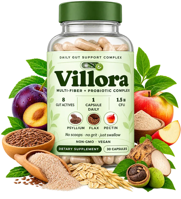 Villora Daily Gut Support Complex bottle with flax seed, psyllium husk, oats, plum, apple and black walnut hull