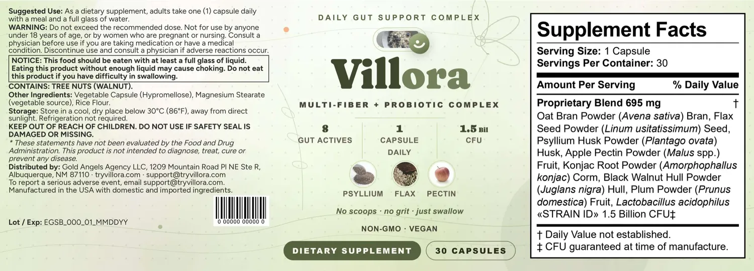 Villora label with suggested use, warnings and Supplement Facts